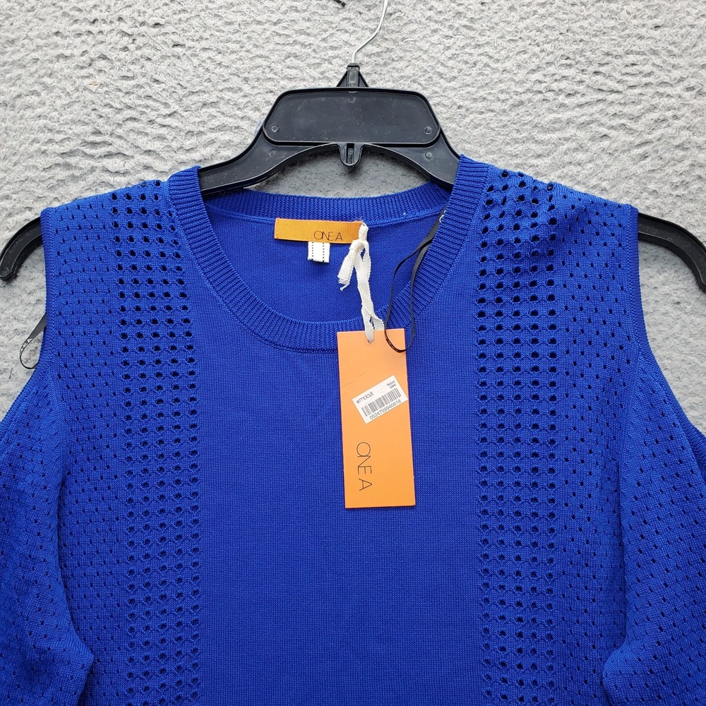 ONE A Sweater Womens XL Blue Knitted Cold Shoulder Sleeve High Low‎ Round Neck - Picture 3 of 7